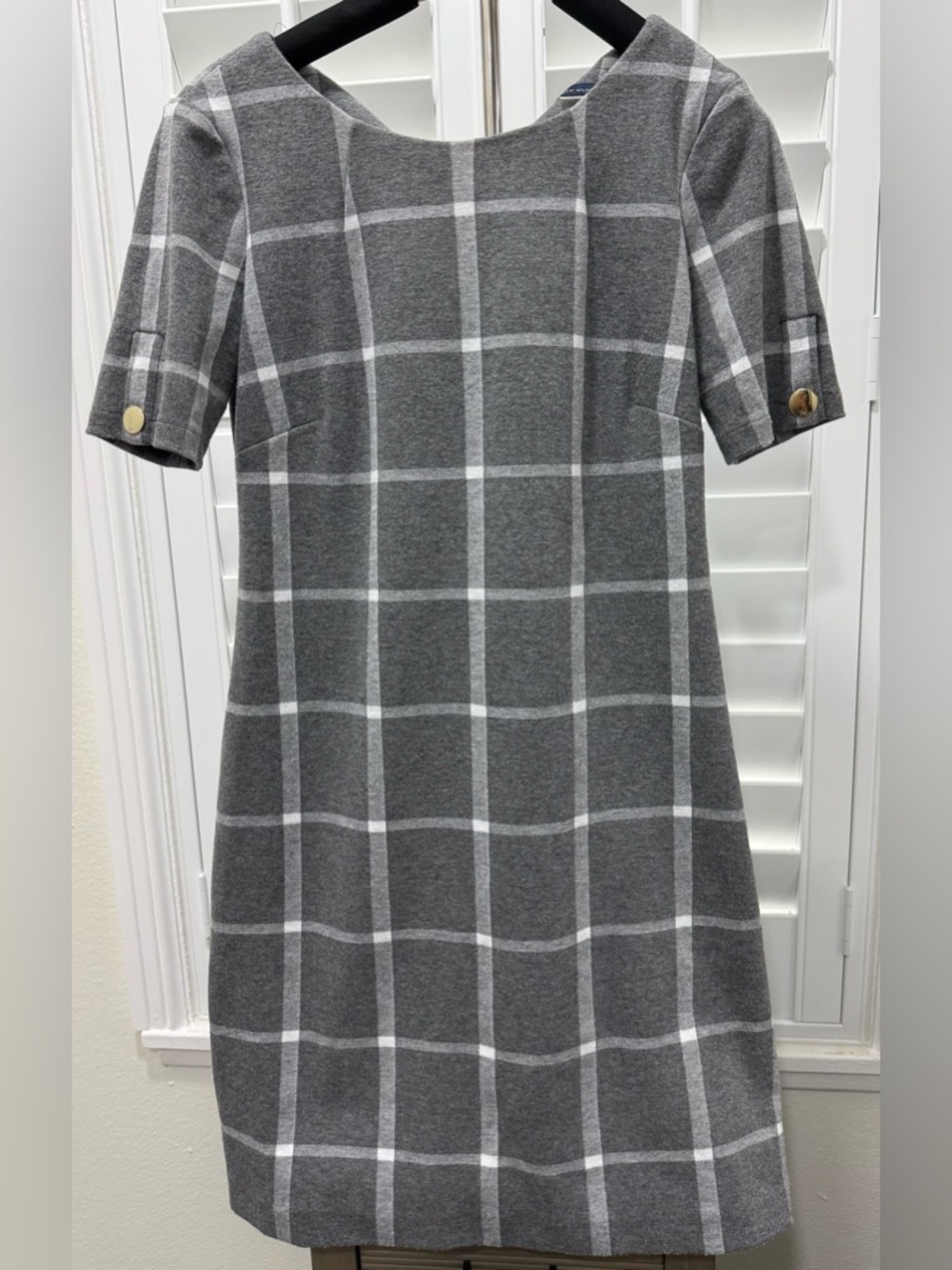 Tommy Hilfiger Grey Windowpane Midi Dress with Gold Buttons